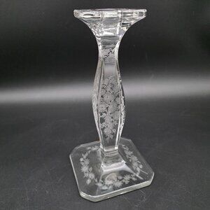 Vintage Crystal Candle Holder Etched Floral Pattern UV Glow